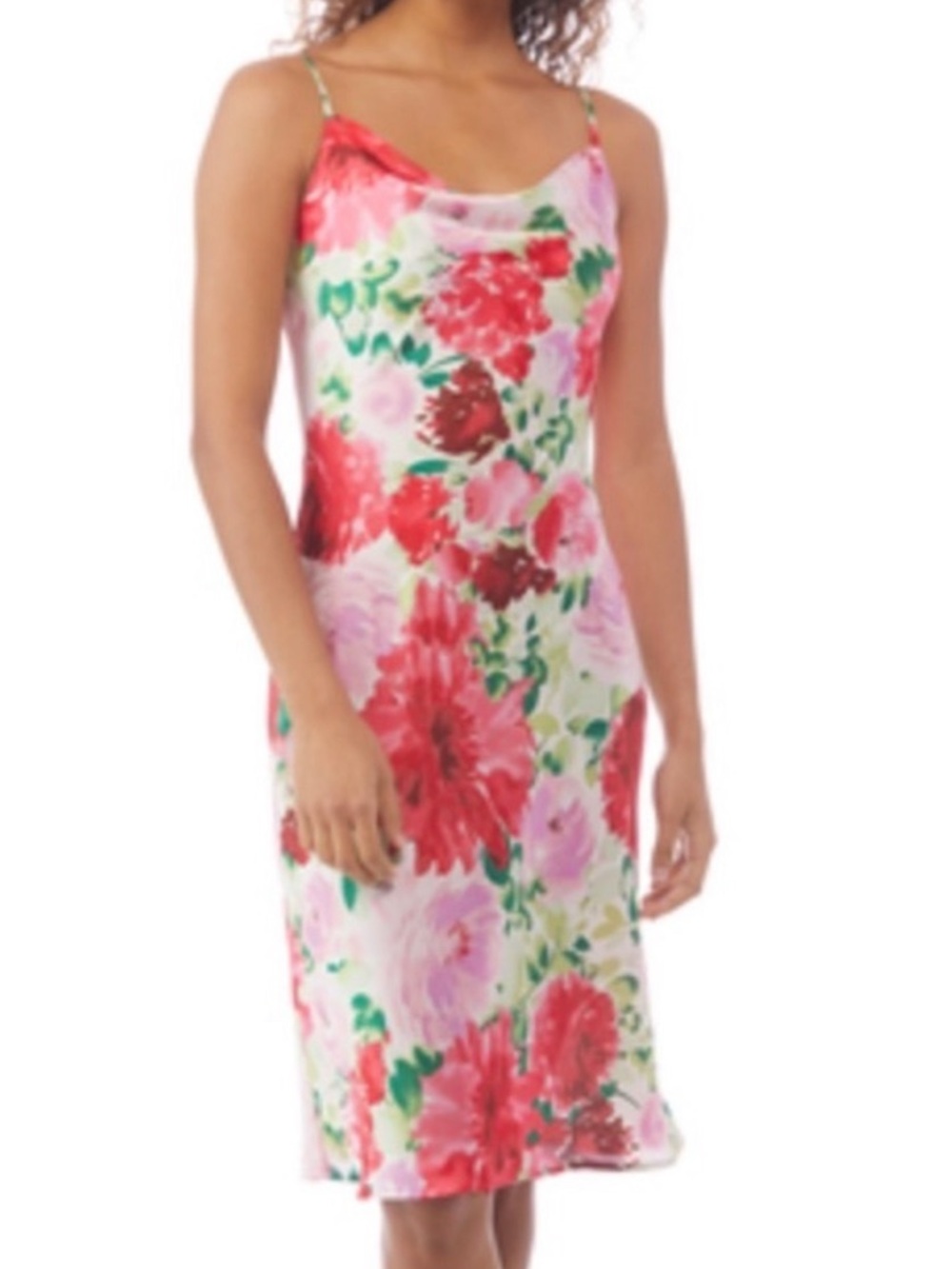 NWT Inspired Hearts White Floral Silky Spaghetti Straps Cowl Neck Midi Dress
